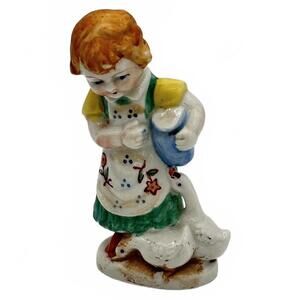 Girl Maiden With 2 Geese Figurine Occupied Japan Vintage MCM
